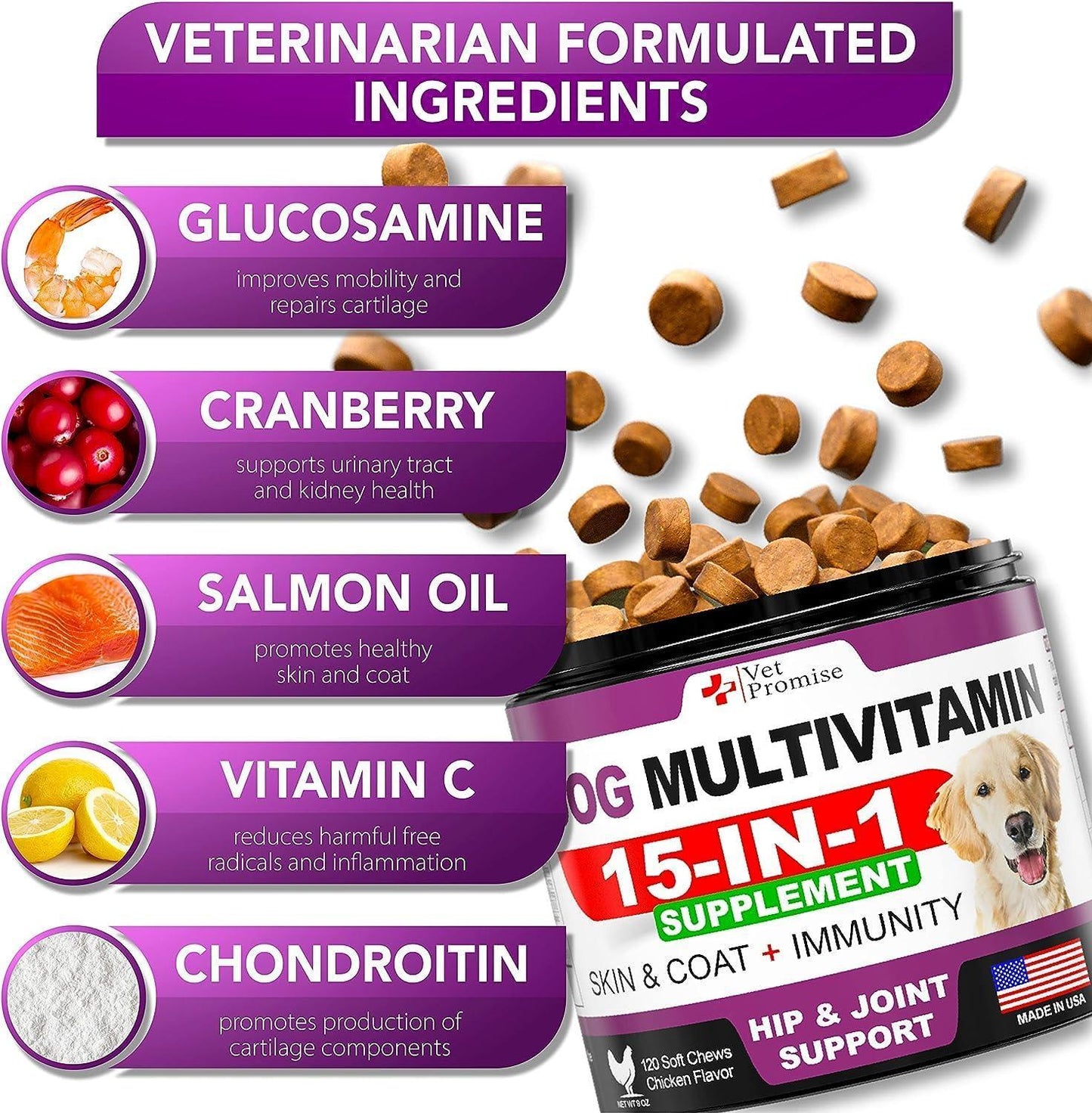15-in-1 Dog Multivitamin Chewables - Complete Hip, Joint & Immune Support | Omega-3 Salmon Oil, Glucosamine