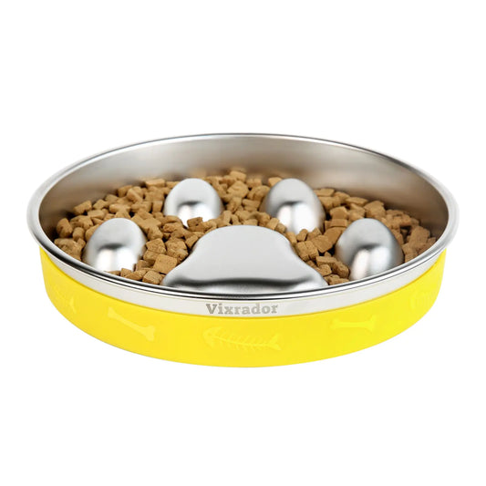 Slow Feeder Dog Bowl - Stainless Steel Anti-Gulp Feeding Solution | Yellow Non-Slip Design for Small & Medium Dogs