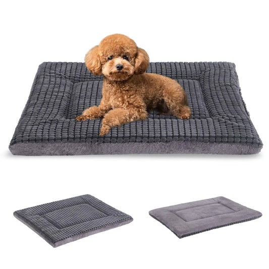 Reversible Memory Foam Dog Bed Mat - Plush & Corn Velvet Washable Crate Pad for Small to Medium Dogs