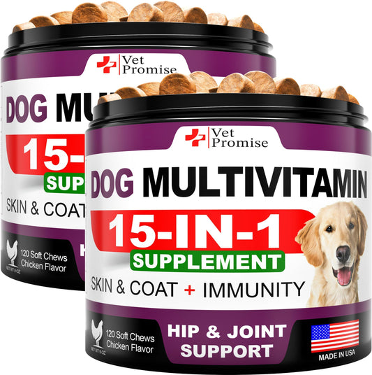 15-in-1 Dog Multivitamin Chewables - Complete Hip, Joint & Immune Support | Omega-3 Salmon Oil, Glucosamine